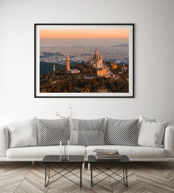Barcelona Tibidabo Aerial Photo Print, City Sunset