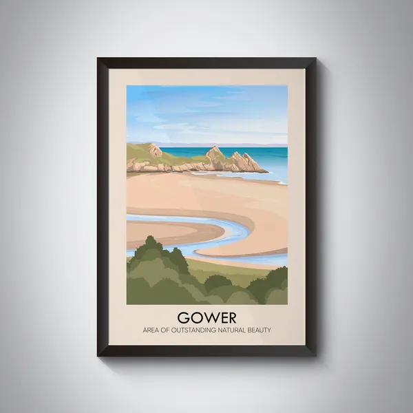Gower AONB Vintage Travel Poster, Wales Coastline