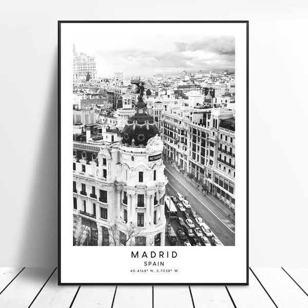Madrid Black and White Travel Poster, City Coordinates