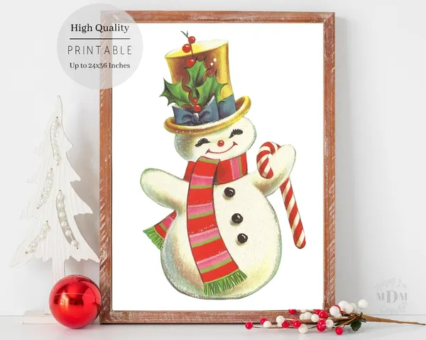 Retro Snowman Christmas Poster, Vintage Holiday Decor