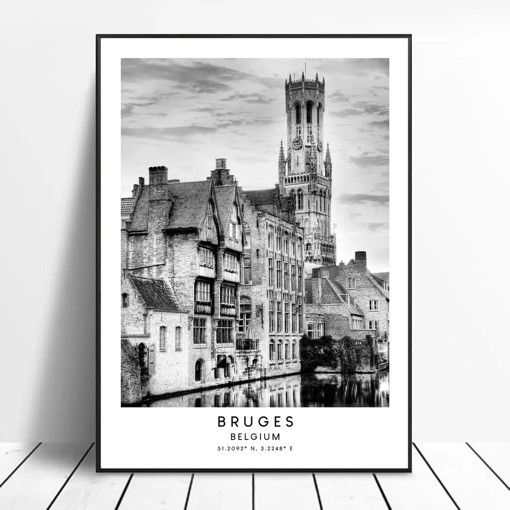 Bruges Travel Poster, Minimalist Black and White