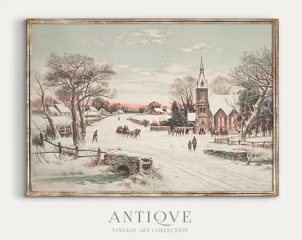 Snowy Village Winter Landscape Art Print