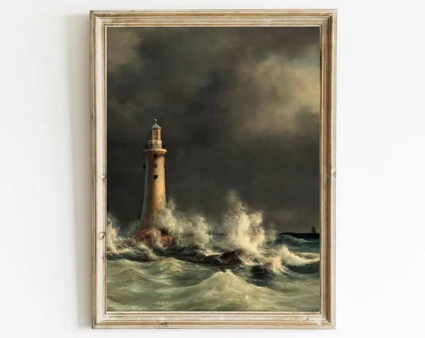 Vintage Seascape Lighthouse Art Print, Moody Nautical Decor