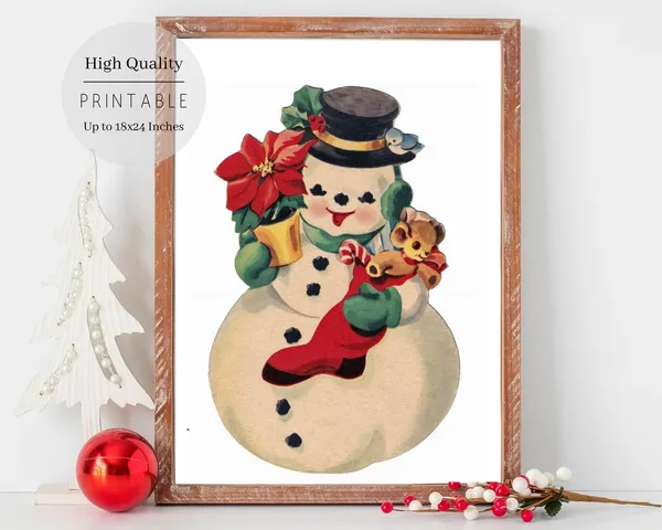 Retro Snowman Christmas Art Print, Vintage Farmhouse Decor