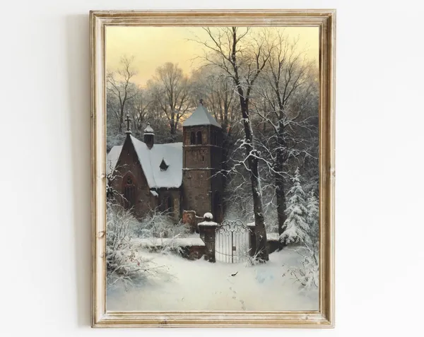 Snowy Church Vintage Winter Landscape Art Print