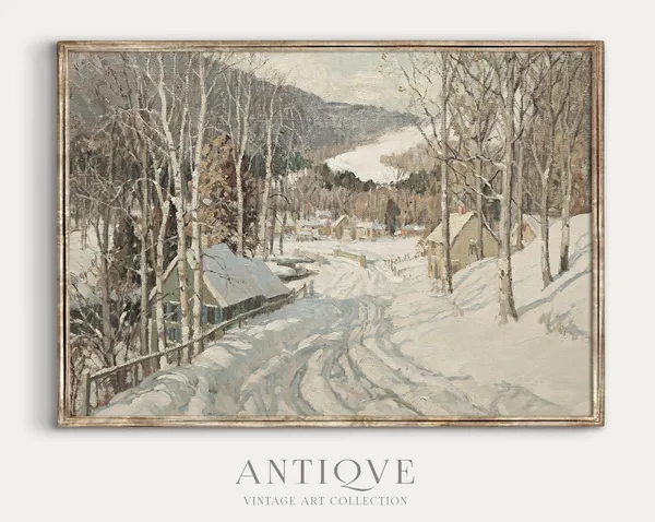 Winter Village Textured Painting, Winter Landscape Art