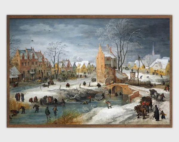 Vintage Ice Skating Art Print, Winter Snow Village