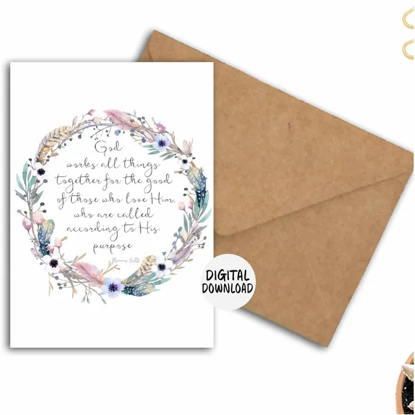Romans 8:28 Scripture Card, Rustic Wreath Art Print
