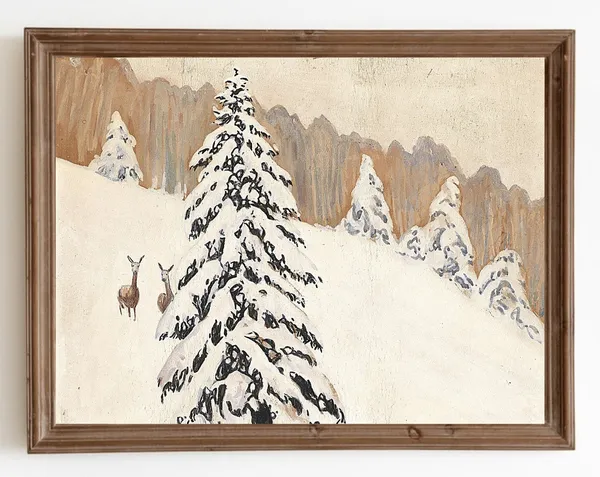 Vintage Snowy Landscape Art Print with Deer and Evergreens
