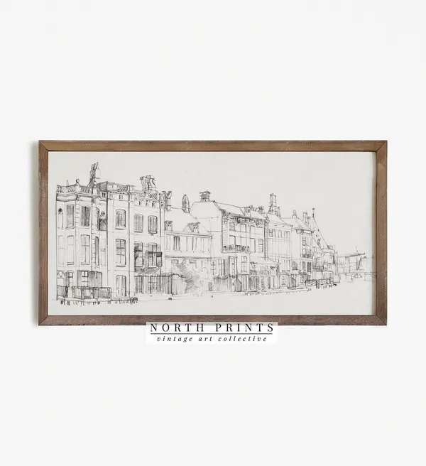 Neutral Vintage Cityscape Sketch Art Print, Minimalist