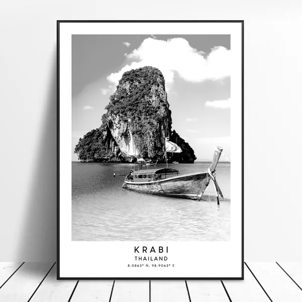 Krabi Thailand Travel Poster, Minimalist Black & White