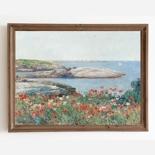 Coastal Floral Seascape, Vintage Oil Painting Print