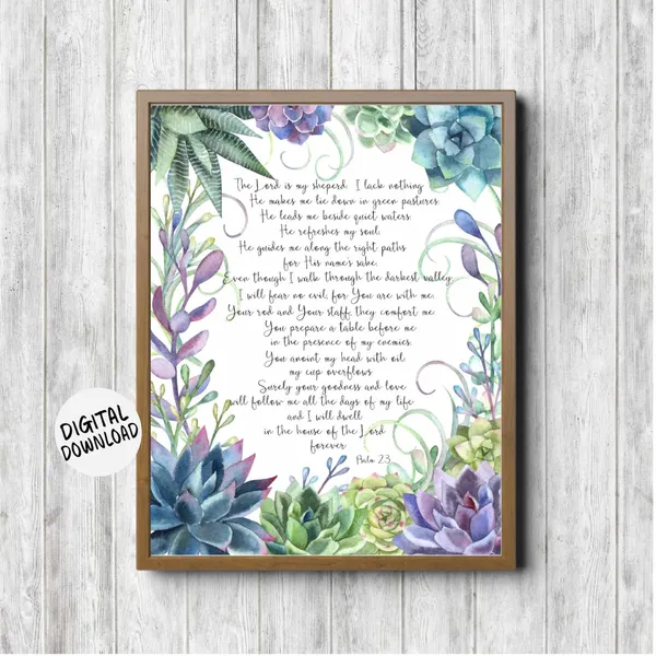 Psalm 23 Scripture Wall Art, Watercolor Succulents