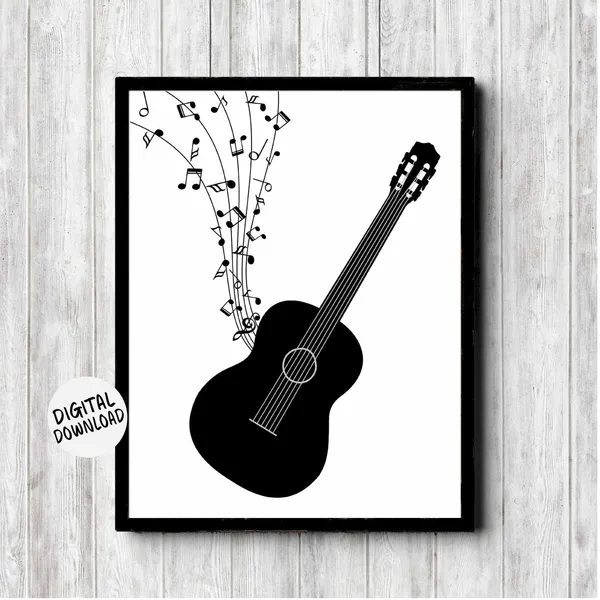 Black Acoustic Guitar Music Notes Art Print