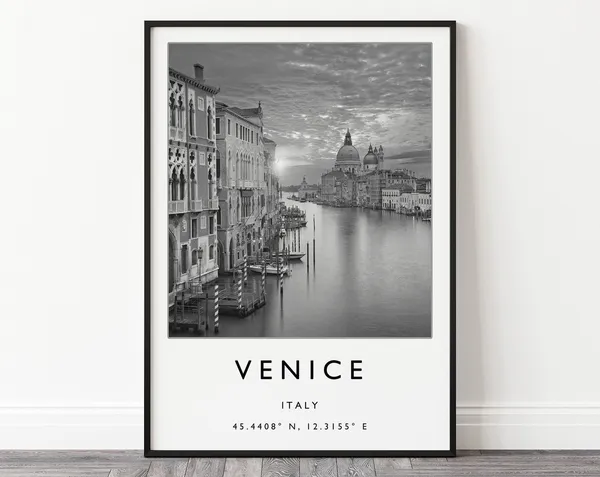 Venice Travel Poster, Black and White Italy Art