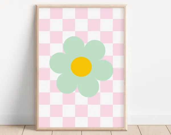 Flower Y2K Checkerboard Retro Art Print, Pink