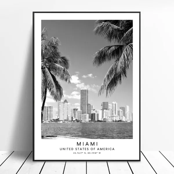 Miami Minimalist Travel Art Print, Black and White