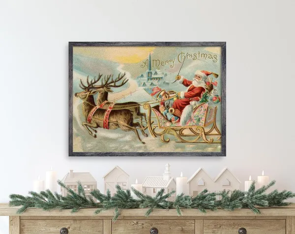 Vintage Santa Sleigh Christmas Wall Decor Art Print