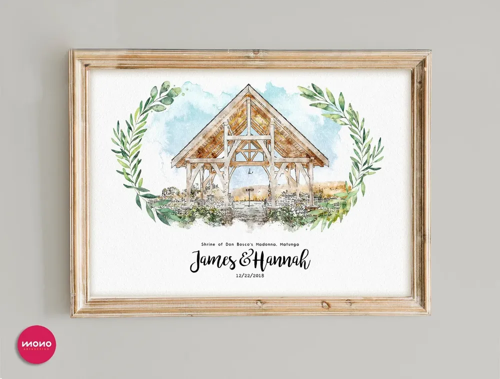 Custom Watercolor Wedding Venue Portrait, Gift