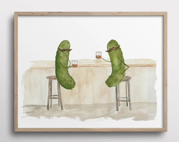 Whimsical Pickles With Mustaches Whiskey Bar Art Print