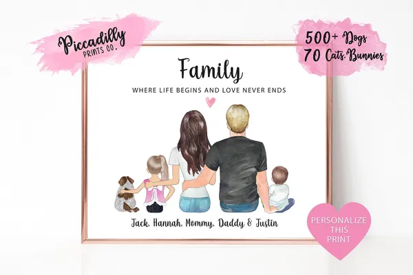 Custom Family Portrait With Pets Poster Print