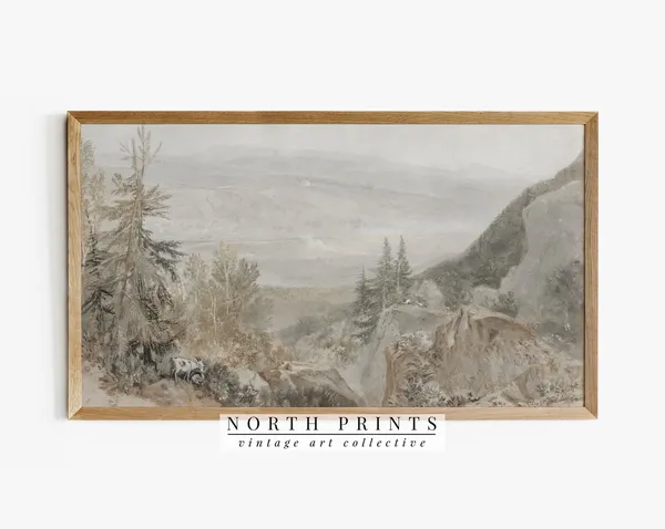 Vintage Muted Green Mountain Landscape Art Print