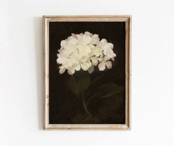 White Hydrangea Painting, Vintage Botanical Art Print