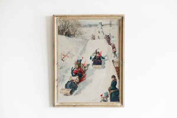 Vintage Winter Christmas Sledding Poster