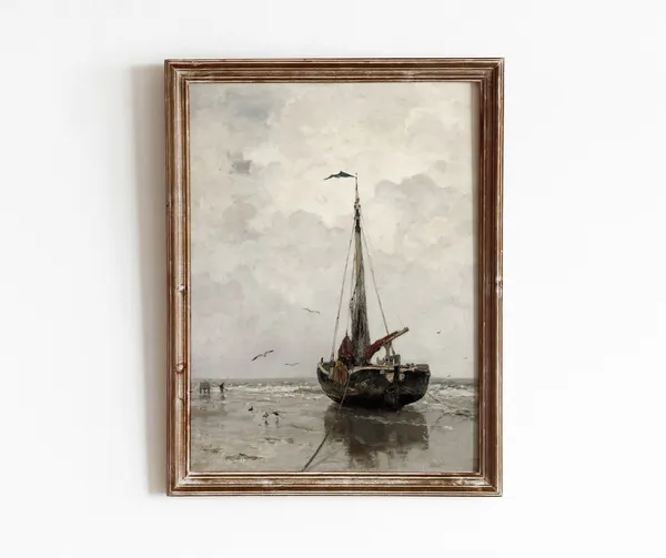 Beached Fishing Boat Vintage Nautical Ocean Art