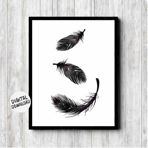 Watercolor Black Falling Feathers Minimalist Art Print