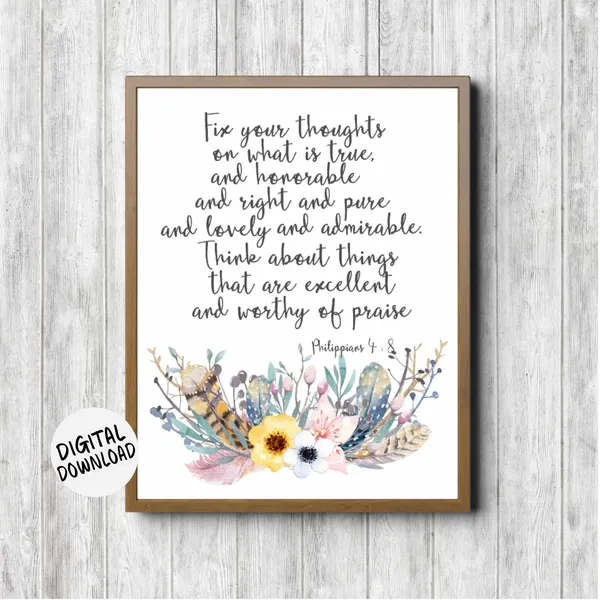 Philippians 4:8 Watercolor Flower Feather Bouquet