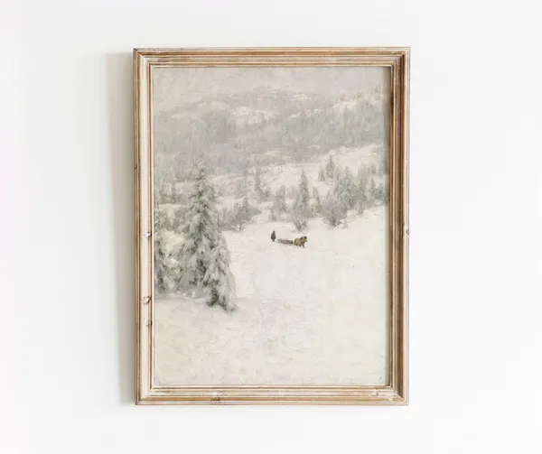 Calm Winter Day Vintage Snow Covered Landscape Art Print