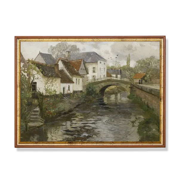 Vintage Countryside Town Art Print, Rustic Farmhouse
