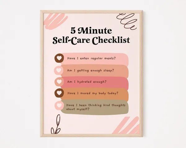 5 Minute Self-Care Checklist Art Print, Therapy Tips