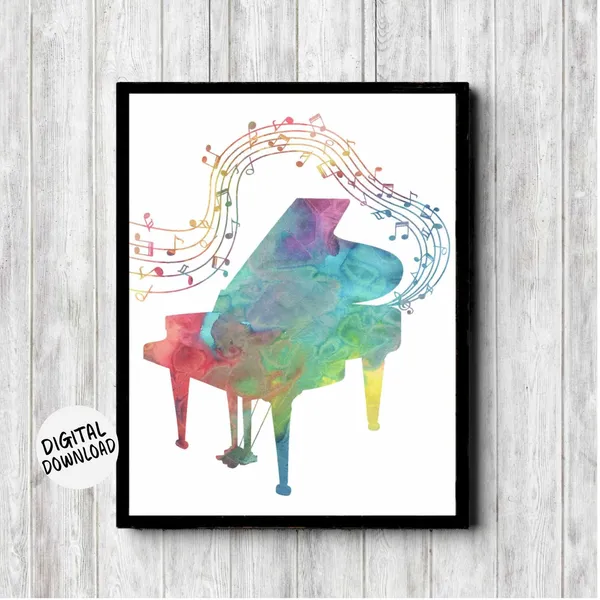 Watercolor Piano Music Art Print, Music Notes