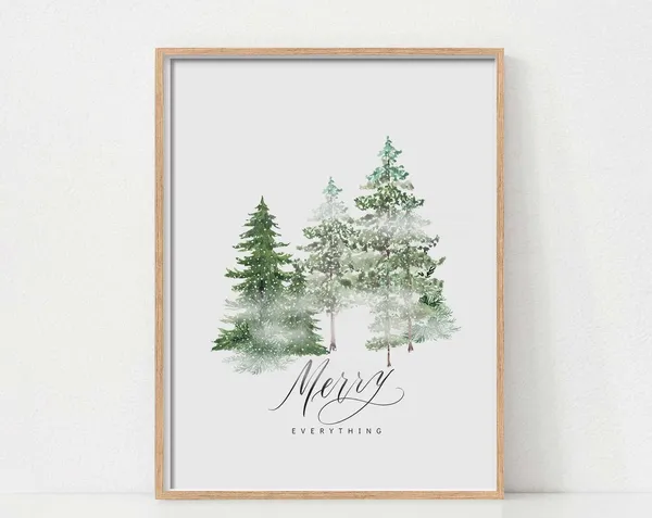 Christmas Tree Watercolor Art Print, Winter Forest