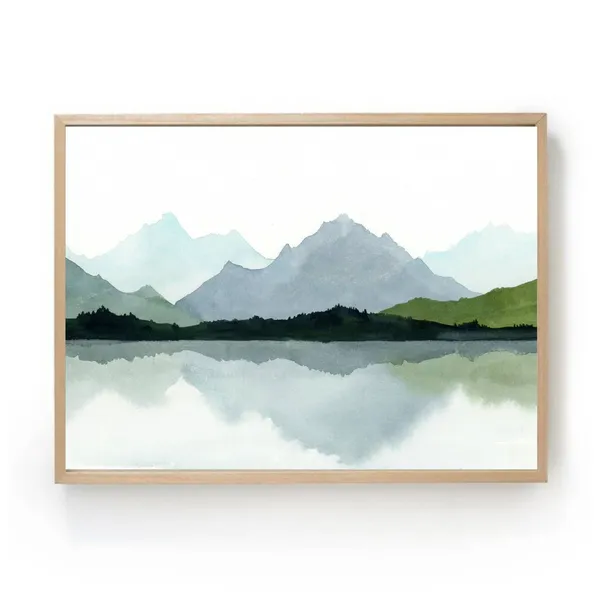 Mountain Lake Watercolor Art Print, Minimalist Landscape