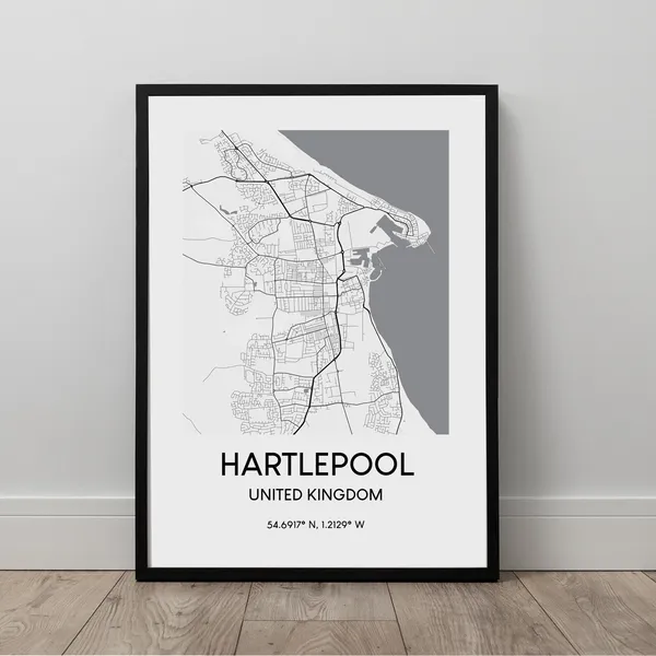 Hartlepool Map Print, Black And White Minimalist