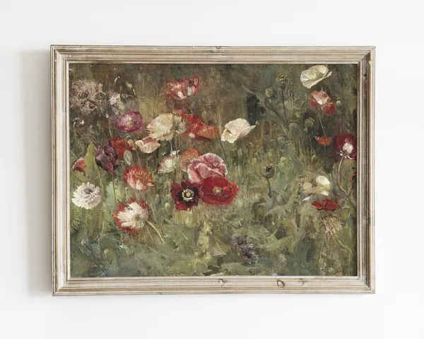 Vintage Red Flower Painting, Rustic Farmhouse Art Print