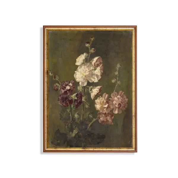 Vintage Botanical Hollyhock Art Print, Rustic Floral Decor