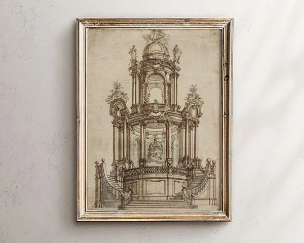Vintage Architecture Sketch Art Print, Minimalist Line Ink