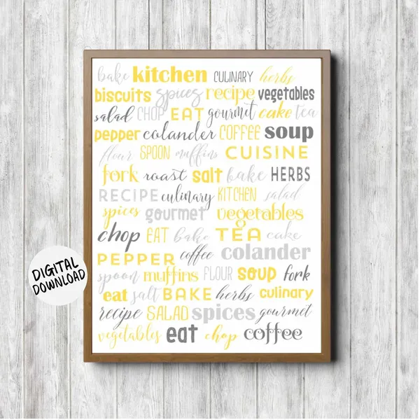 Kitchen Food Words Subway Poster, Yellow and Gray