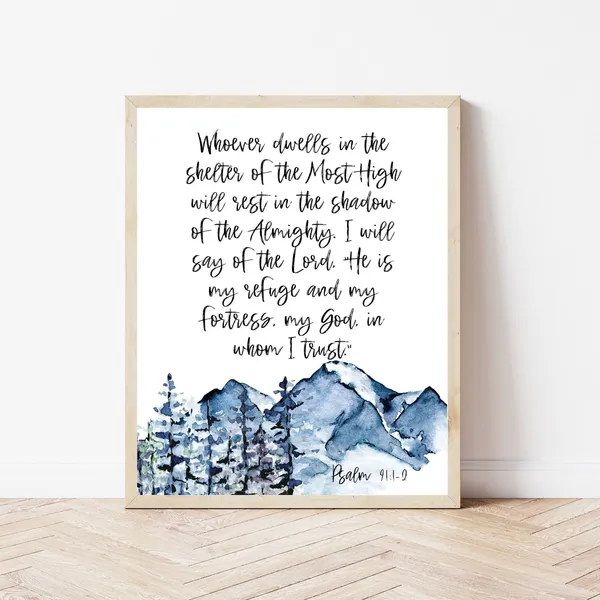 Psalm 91 Mountain Scripture Art Print, Christian Decor