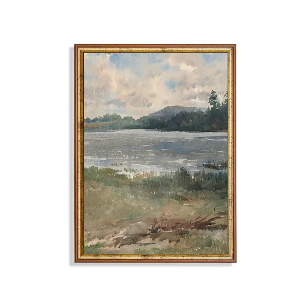 Vintage Lakeside Watercolor Art Print, Farmhouse Decor