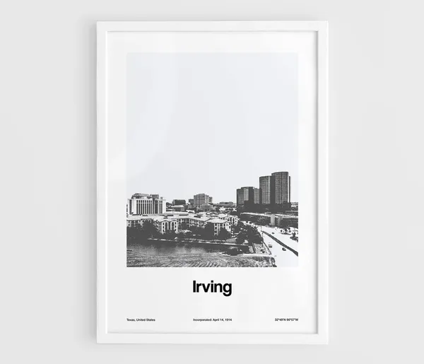 Irving Texas Skyline Poster, Black White Minimalist