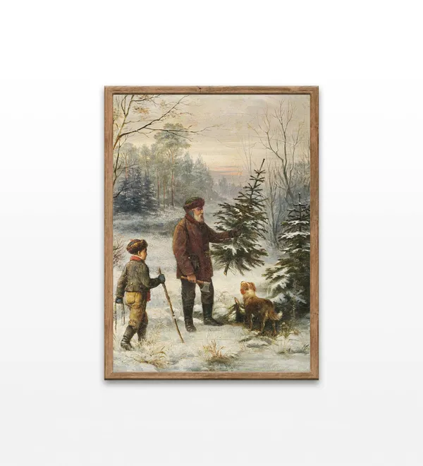 Vintage Christmas Trees Art Print, Lumberjack Scene