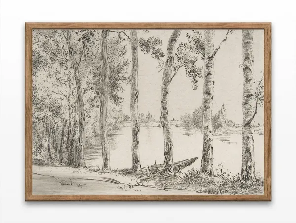 Poplars Trees Antique Etching Art Print, Minimalist