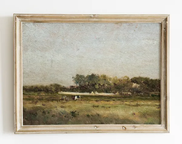 Vintage Landscape Painting Art Print, Rustic Farmhouse