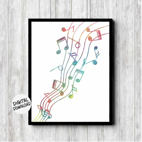 Watercolor Music Notes Art Print, Colorful Decor