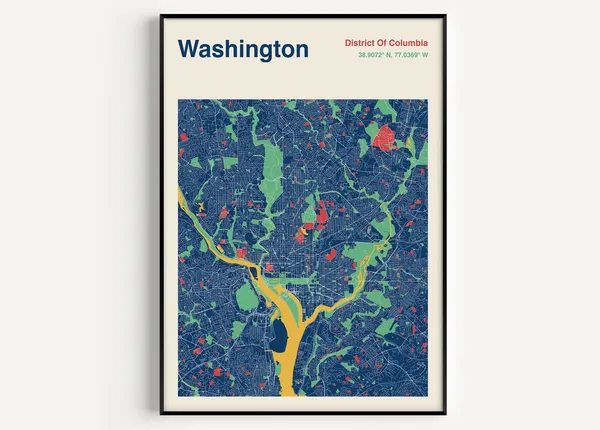Washington DC Map Poster, Mid-Century Map Print